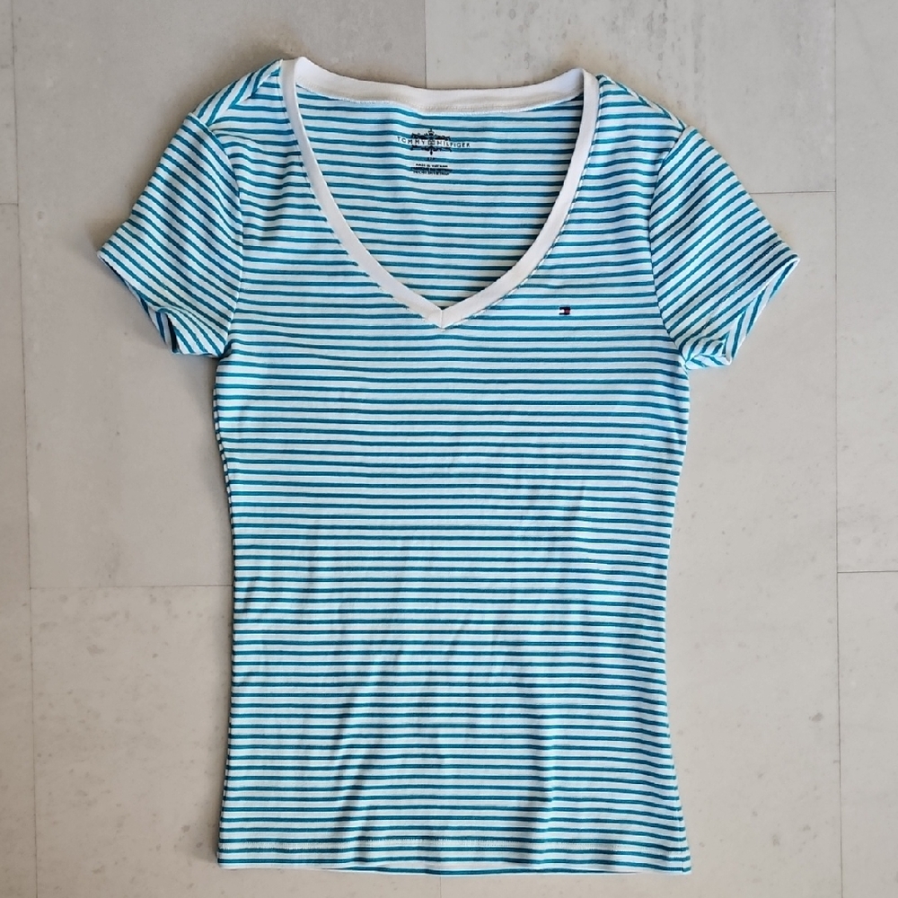 Tommy Hilfiger Women's Aqua and White Striped Tee